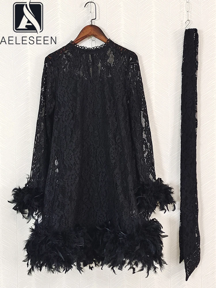 

AELESEEN Runway Fashion Black Dress Women Long Sleeve Spring Autumn Flower Embroidery Ostrich Hair Belt Hollow Out Elegant Party