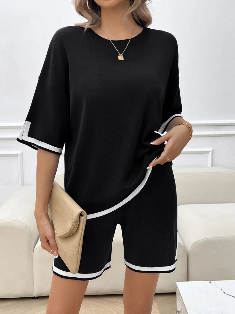 Fitaylor letnie damskie zestawy dwuczęściowe O-neck luźny top i sznurkiem spodenki z szerokimi nogawkami Casual Lady garnitury z dzianiny