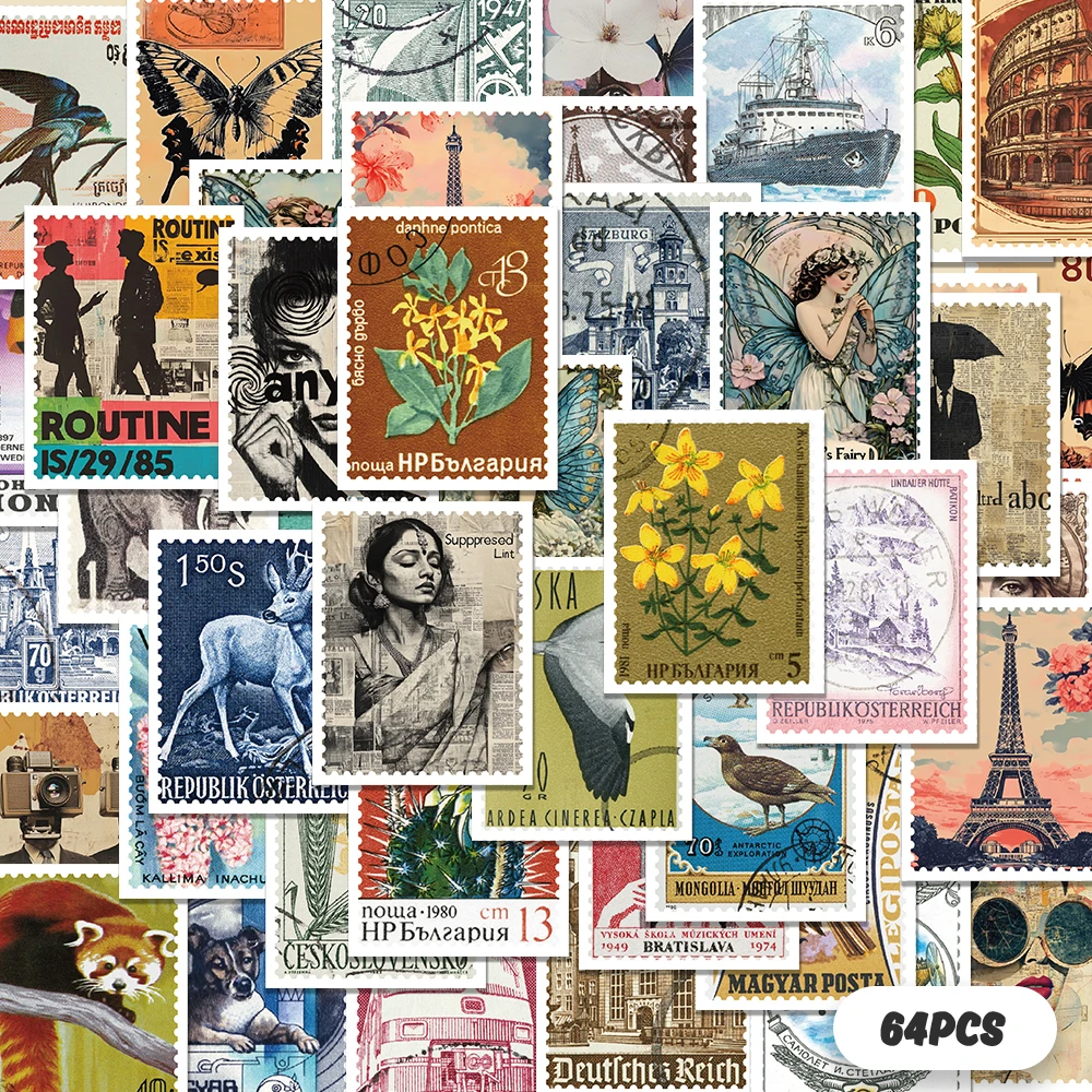 64 pcs,Vintage Stamps Stickers,DIY Scrapbook,Mobile Phone,Guitar,Skateboard,Luggage,Notebook,etc.,Holiday Gift or Reward Gift