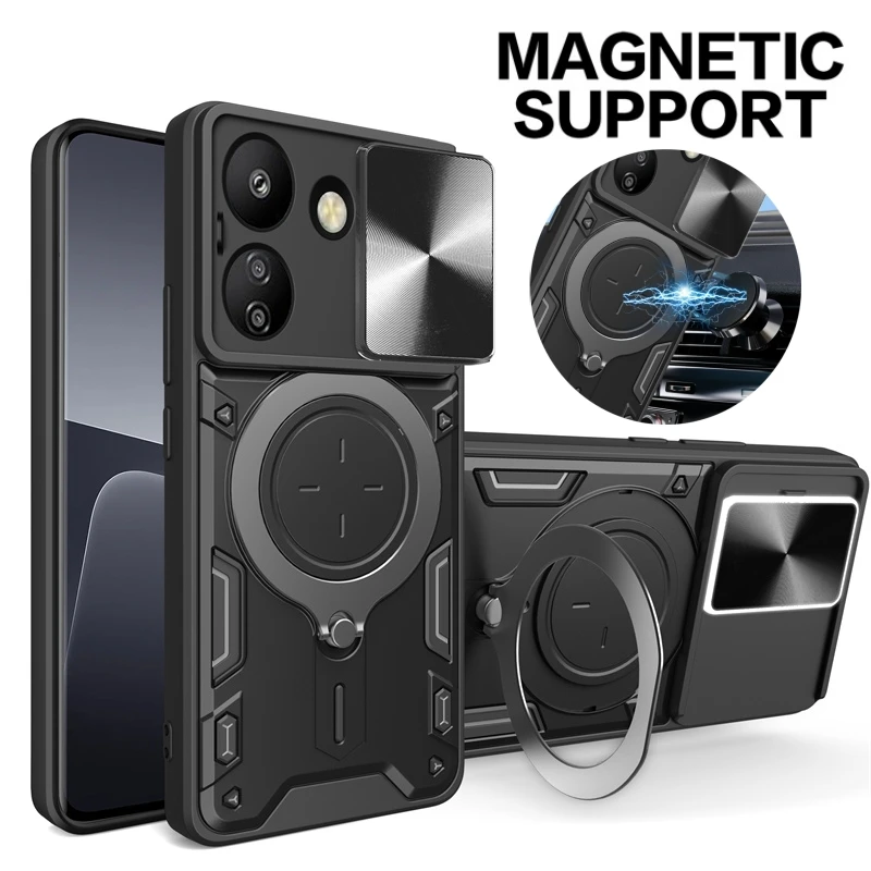 For Xiaomi Redmi 13C 4G Case Slide Camera Protect Armor Phone Case for Redmi13C Redmy Radmi 13C 13 C 4G Magnet Holder Ring Cover