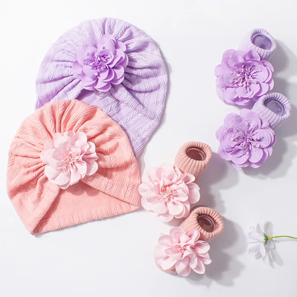 

New Baby Fetal Cap 0-12M Sweet Flower Infant Girls Beanie + Socks 9 Colors Comfortable Ventilate Toddler Accessories