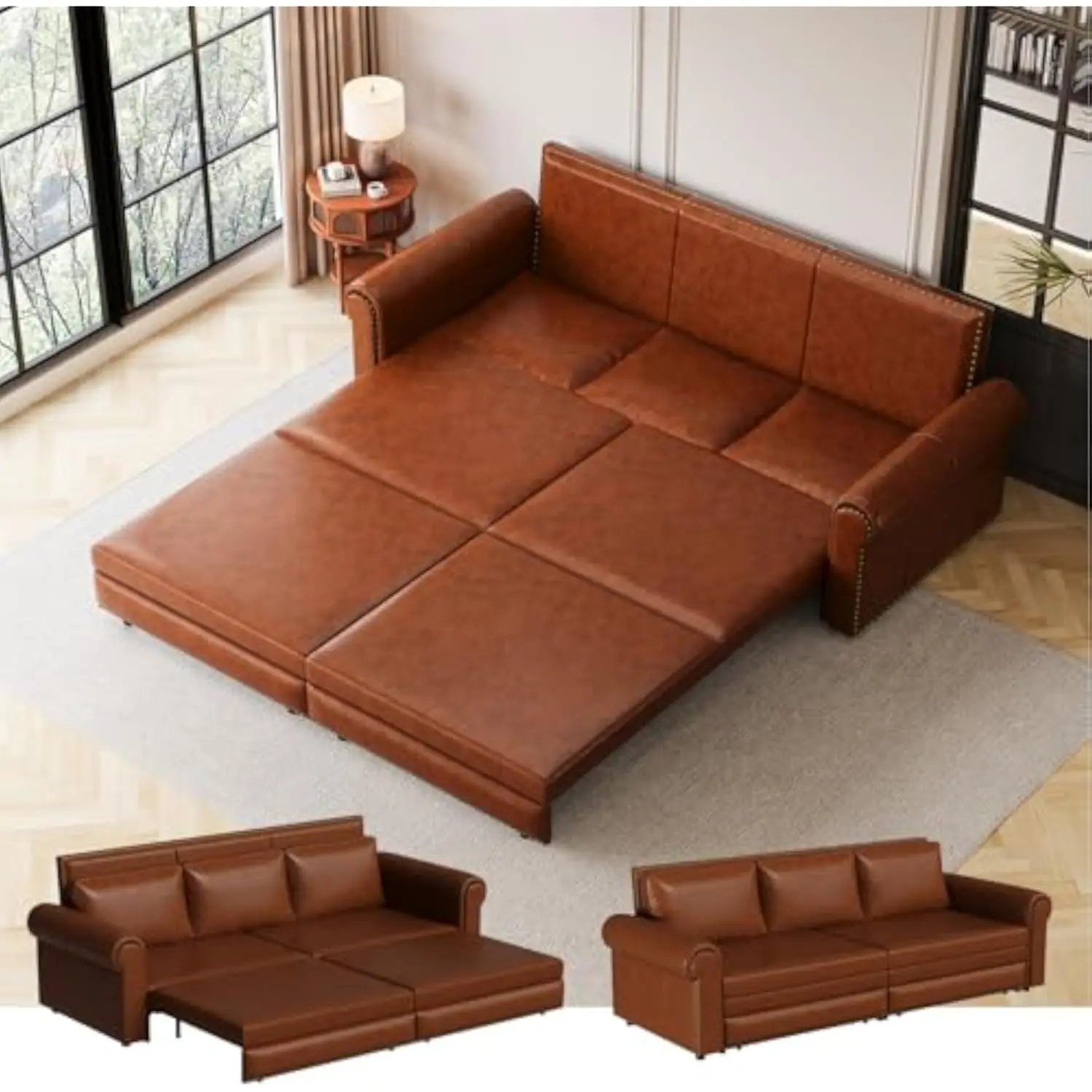 93.7 King Size Sleeper Sofa Bed Pull Out Sofa Bed Faux Leather Upholstery 3 in 1 Convertible Sleeper Couch Chaise Lounge Retro R