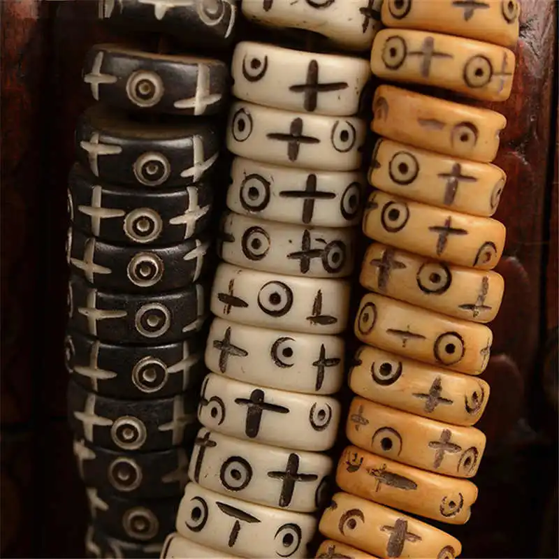 10Beads Yak Bone Loose Beads 8/10/12mm Hand Carved Cross Sun Moon Totem Oblate Beads TSB0525