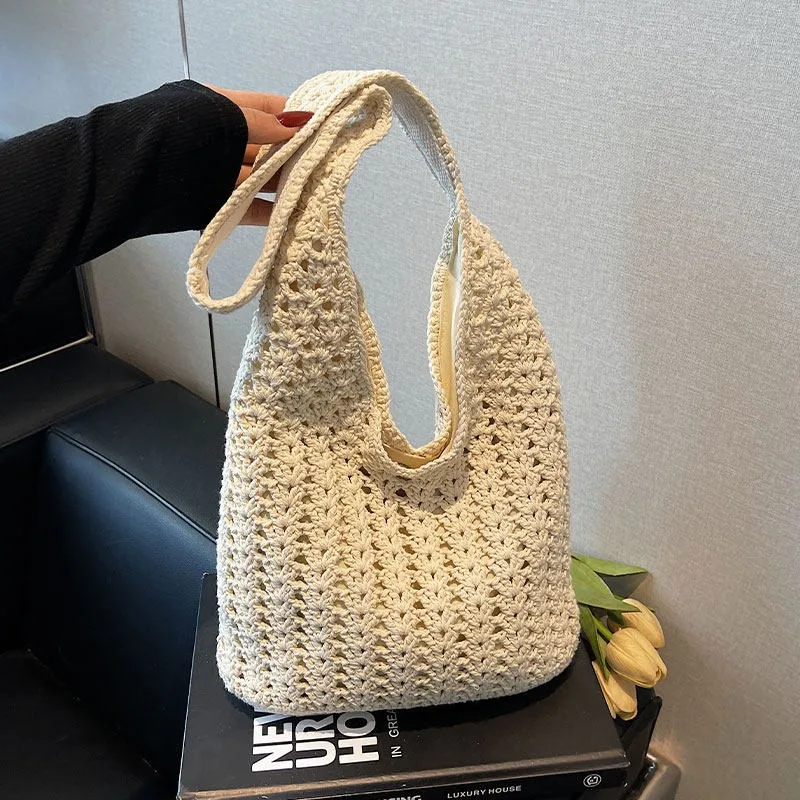 Beach Vacation Style Large Capacity Women's Straw Woven Bag Hollow out Design Summer Travel Tote Casual Commute Shoulder Bag