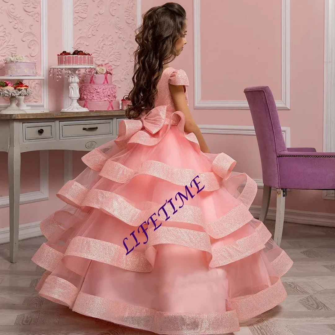 Customized Pink Flower Girl Dress For Wedding Tiered Tulle Puffy Floor Length With Bow Party Birthday First Communion Ball Gowns
