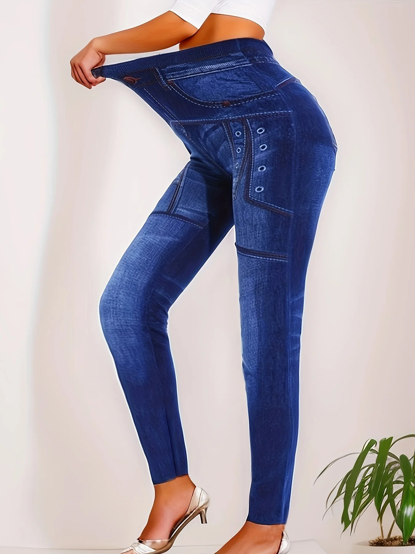 Casual En Elegante Sport Imitatie Denim Leggings Met Oogjes Bedrukt En Geverfde Leggings Hardlopen En Fitness Cropped Broek