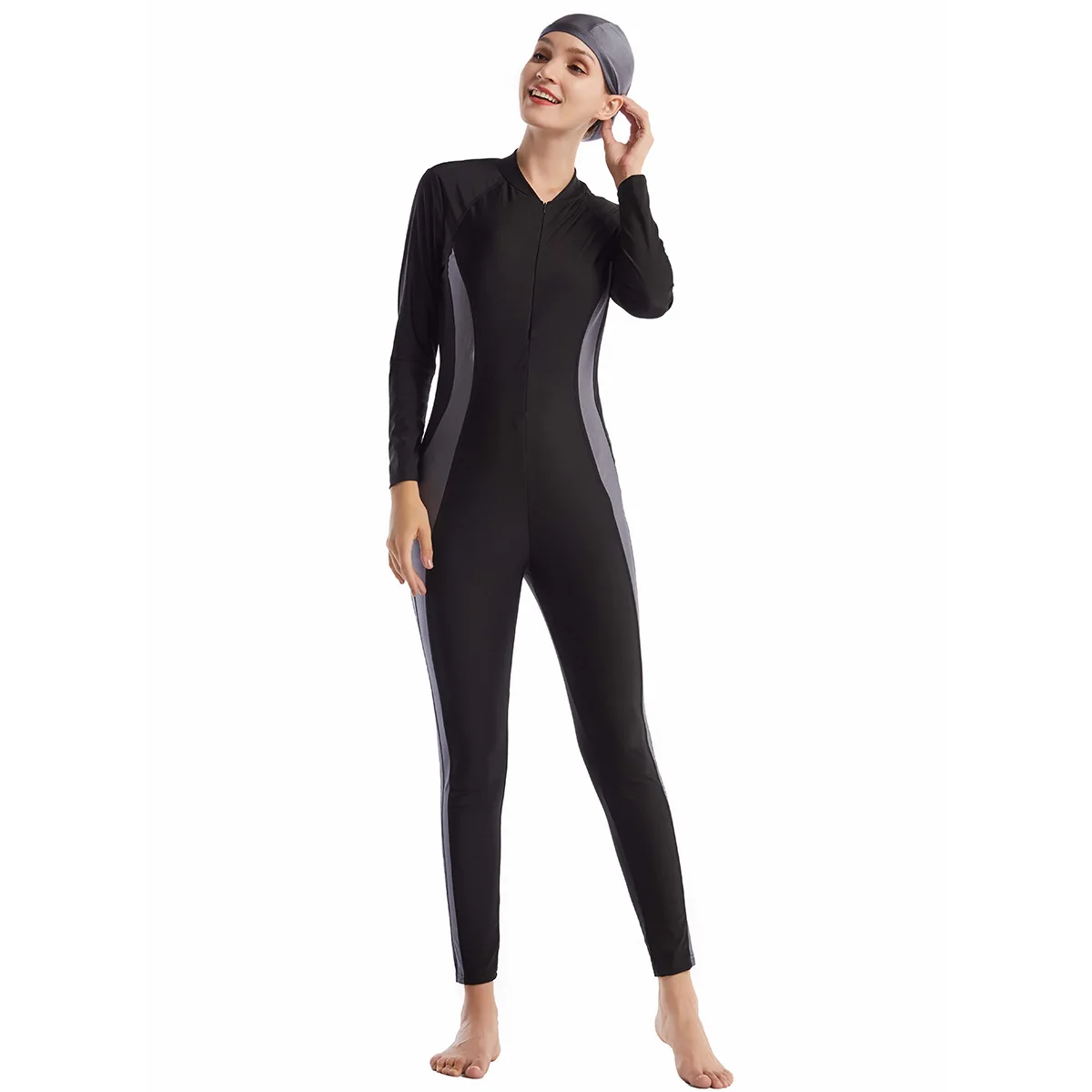 High-waisted Muslim Swimsuit One-piece with Chest Pad No Steel Support High Strecth Swimming Clothing Close-fitting Bathing Suit