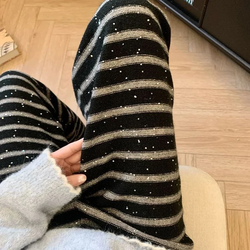 MEXZT Striped Knitted Wide Leg Pants Women Fashion Diamond Baggy Pants Winter Streetwear Korean Patchwork Straight Trousers New