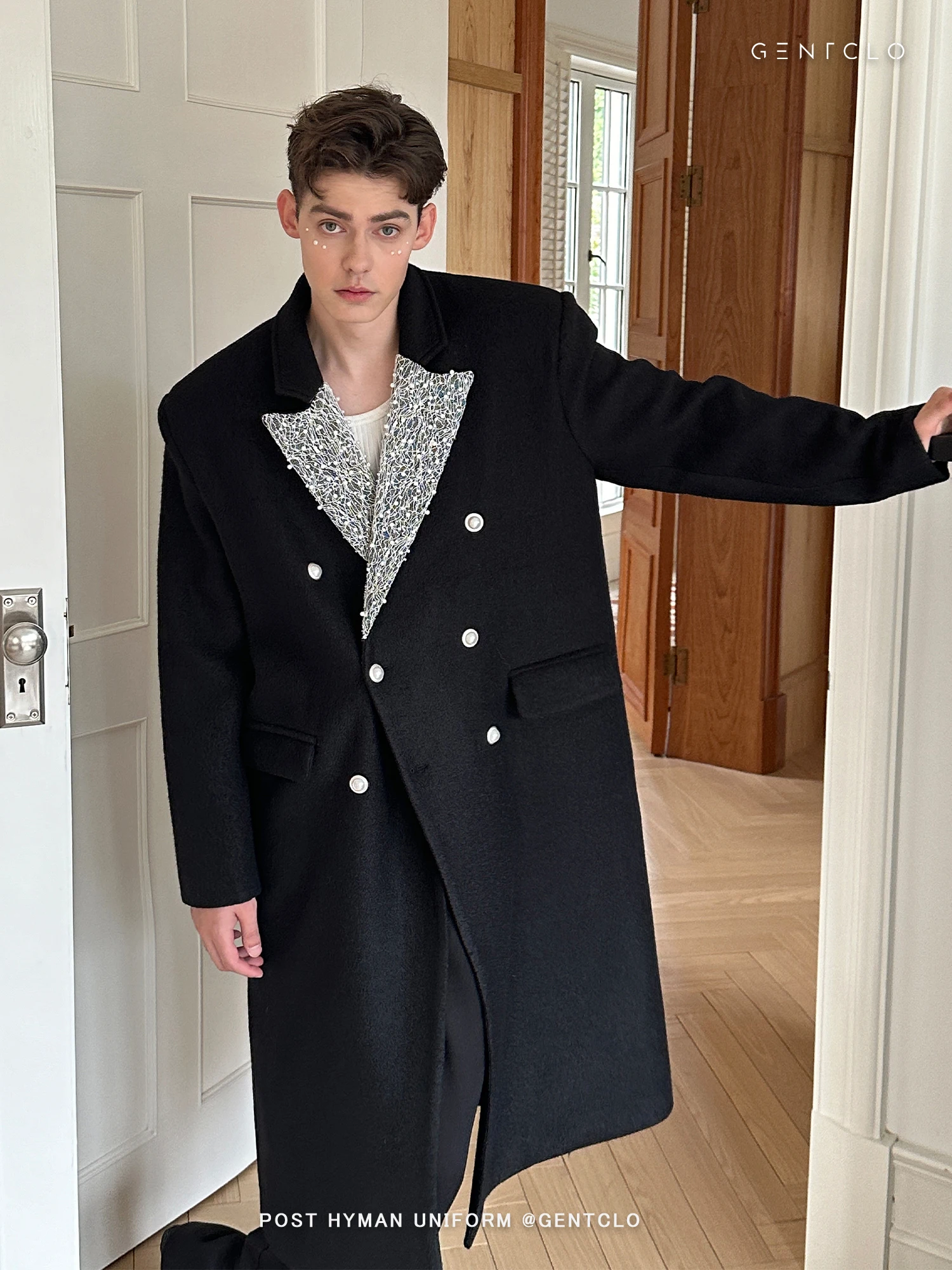 

Men's Winter Beaded Design Style Mid-Length Woolen Coat Casual Fashionable Overcoat