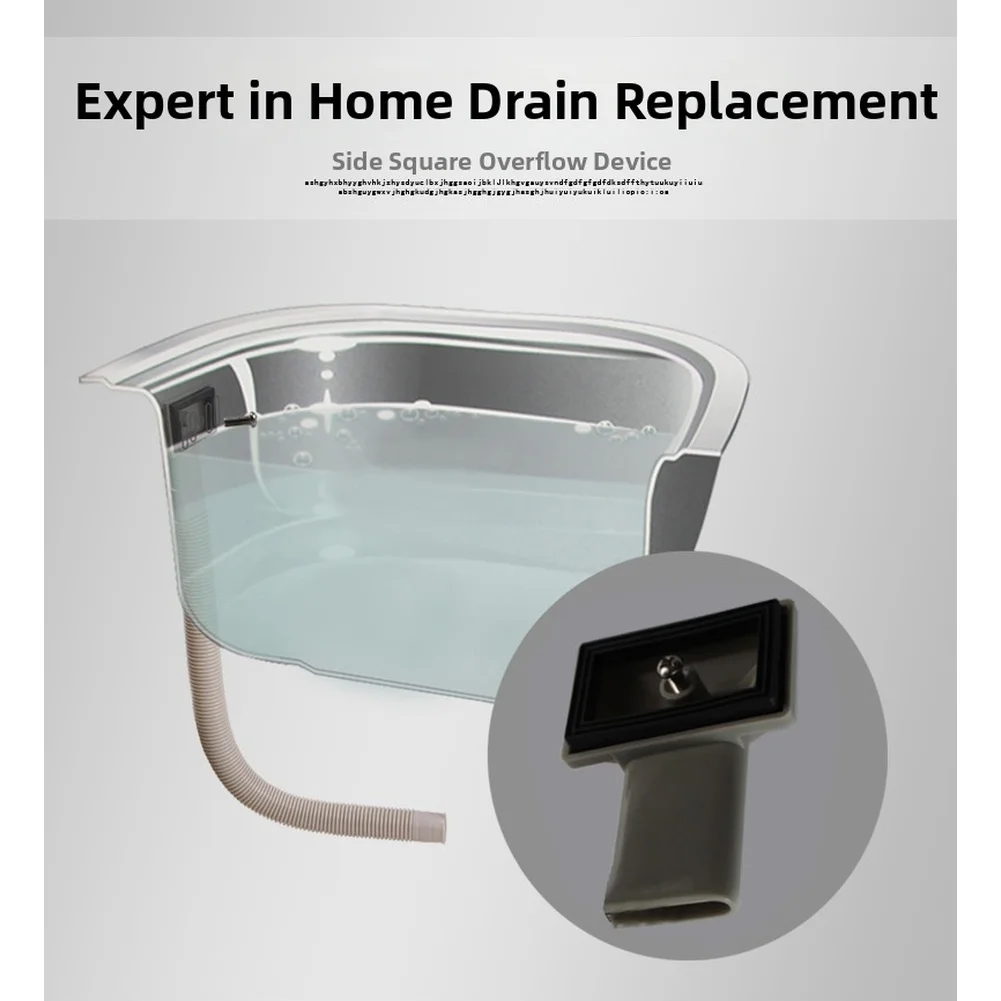 Square Overflow Head for Kitchen Sink Drain Assembly with 460mm Flat Pipe PP Construction Gray 63.8 x 40mm Spec