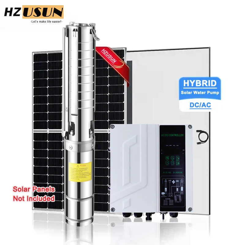 

HZUSUN 2.2KW 4'' Hybrid Solar Submersible Borehole Pump DC/AC Controller Dual Solar Powered High Volume Impeller Pumping System