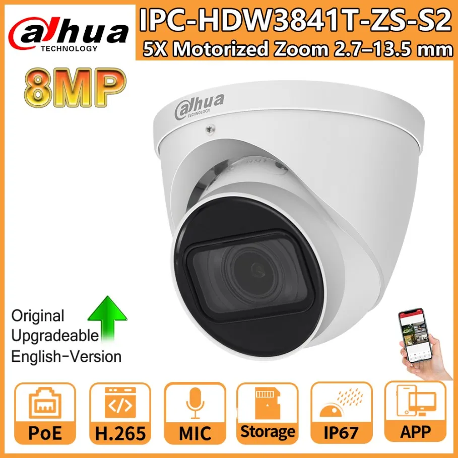 Dahua 8MP IP Camera IPC-HDW3841T-ZS-S2 5X Zoom Motorized Built-in Mic POE SD Card Slot IR 40M WizSense Network Camera SMD 4.0