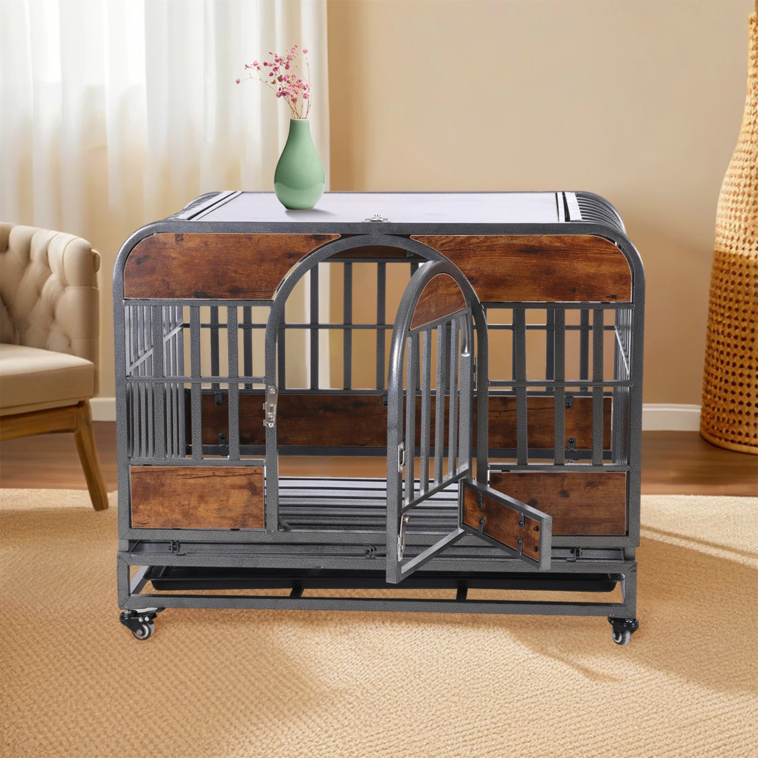 

37in Heavy Duty Dog Crate with Removable Trays and Wheels for High Anxiety Dogs