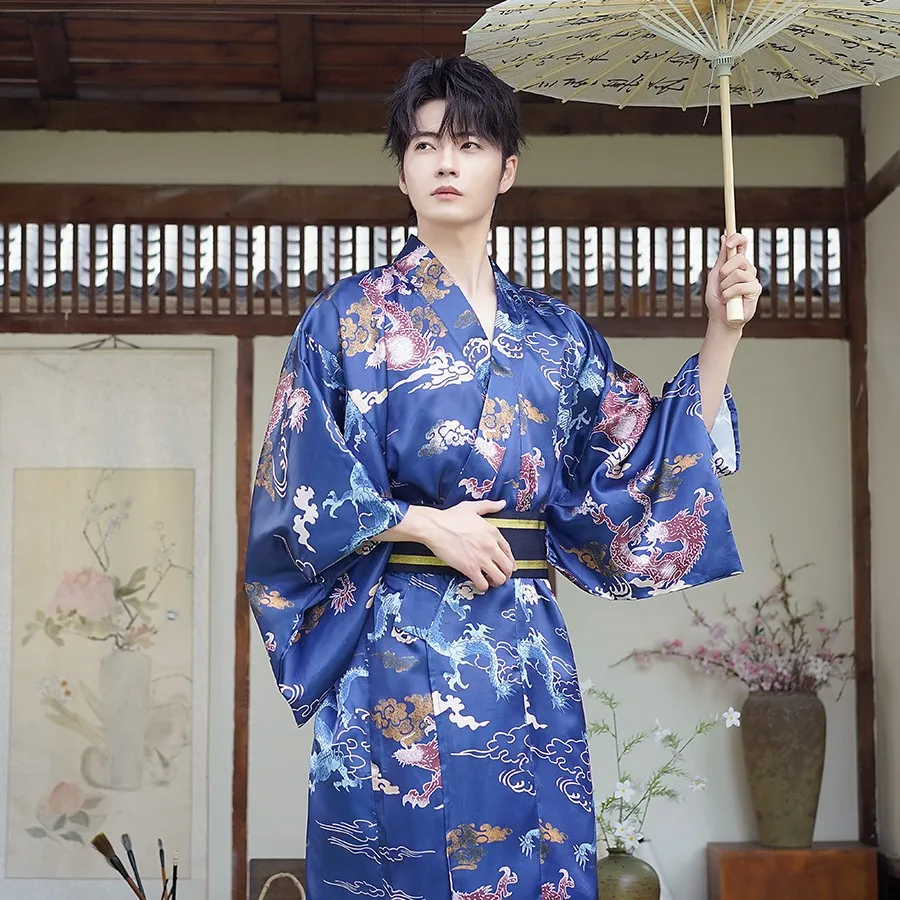 

Japanese Festival Traditional Kimono Robe Yukata Flower Pretty Boy Blue-Based Dragon Pattern Samurai Set Print Dragon Bathrobe