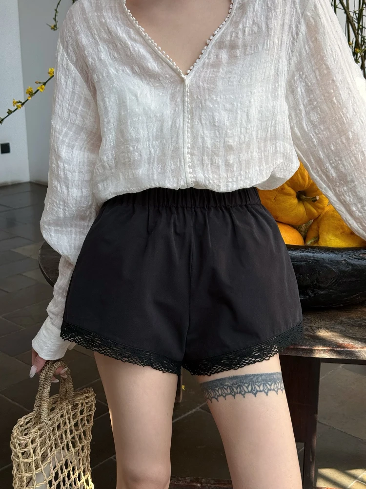 

Удобные повседневные шорты с кружевной отделкой и эластичной талией Monkey Studio, ручной работы, несколько штук, женские, прямого кроя, из хлопка...