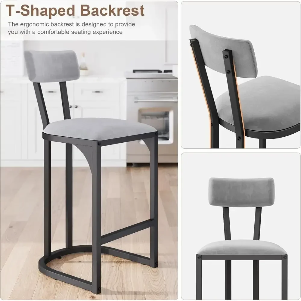 Set of 4 Gray Upholstered Curved Back Metal Counter Height Bar Stools for Kitchen Dining Room - view 5