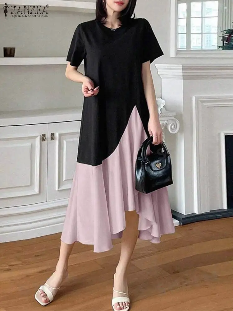 

ZANZEA Summer Short Sleeve Sundress Women Colorblock Long Dress 2024 Casual Loose Swing Robe Korean Fashion O-neck Vestidos