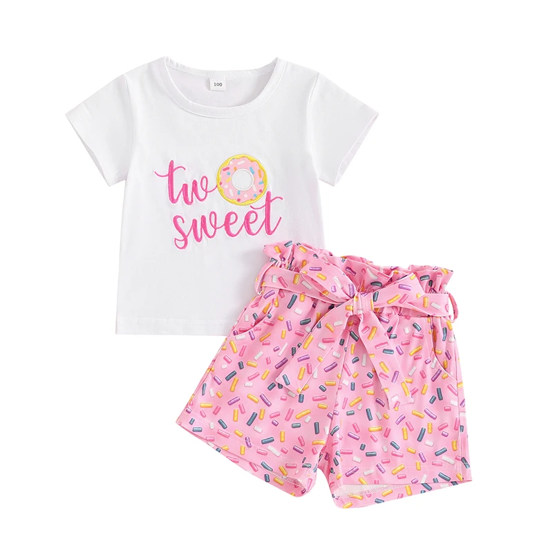 

Little Girls Summer 2PCS Sets Short Sleeve Letter Donut Embroidery T-shirt Belted Shorts Sets