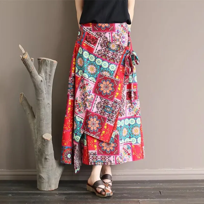 

2024 Spring Summer New Arts Style Women High Waist Asymmetrical Cotton Linen Long Skirt Lacing Design Vintage Print Skirt P608