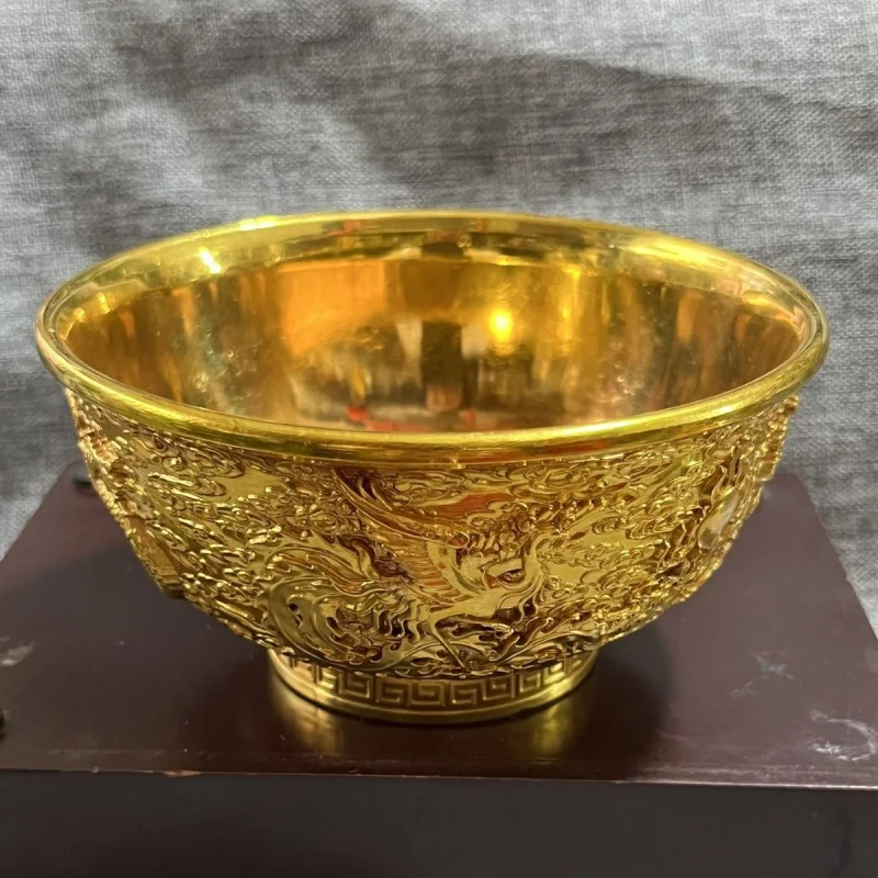 Antique Pure Copper Qianlong Year Gilding Relief Dragon and Phoenix Opera Beads Bowl Copper Bowl Antique Collection Home Decorat