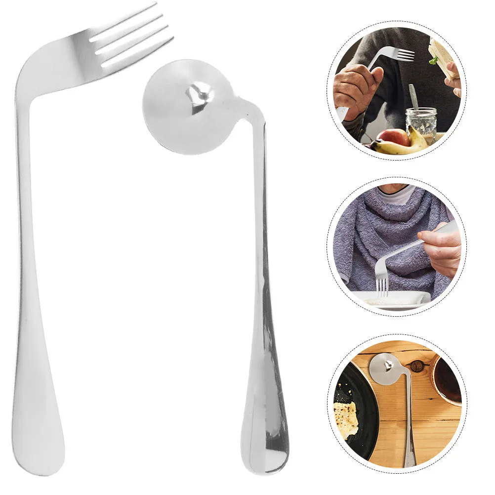 

1Set Ergonomic Angled Spoon Fork Stainless Steel Self Feeding Tableware for Patients Seniors Weak Grip Curved Eating Assistance