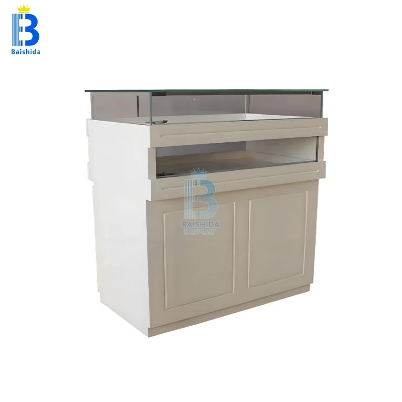 custom.Luxury Vertical LED Jewelry Display, Stainless Steel Wooden Frame, Lockable Glass Showcase Retail