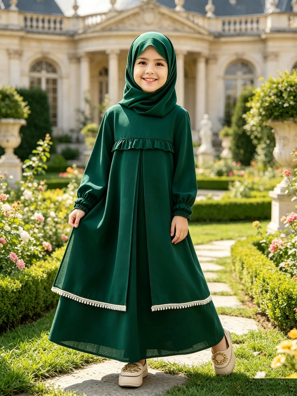 

Muslim Kids Girls Hijab Dress Ramadan Prayer Djellaba Khimar Jalabiya Arabic Robe Headscarf Abaya Turkey Kaftan Islam Clothing
