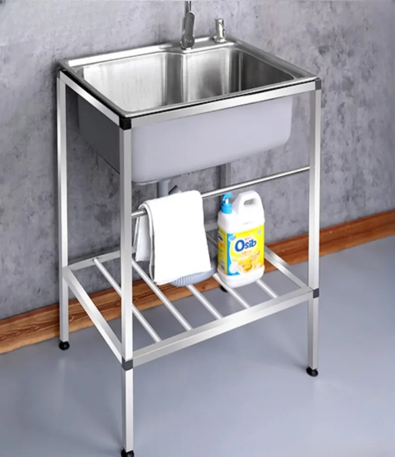 Kitchen Household  Stainless Steel Sink with Stand Floor Washing Basin Single Sink Double Slot Scullery Dishwashing Pool