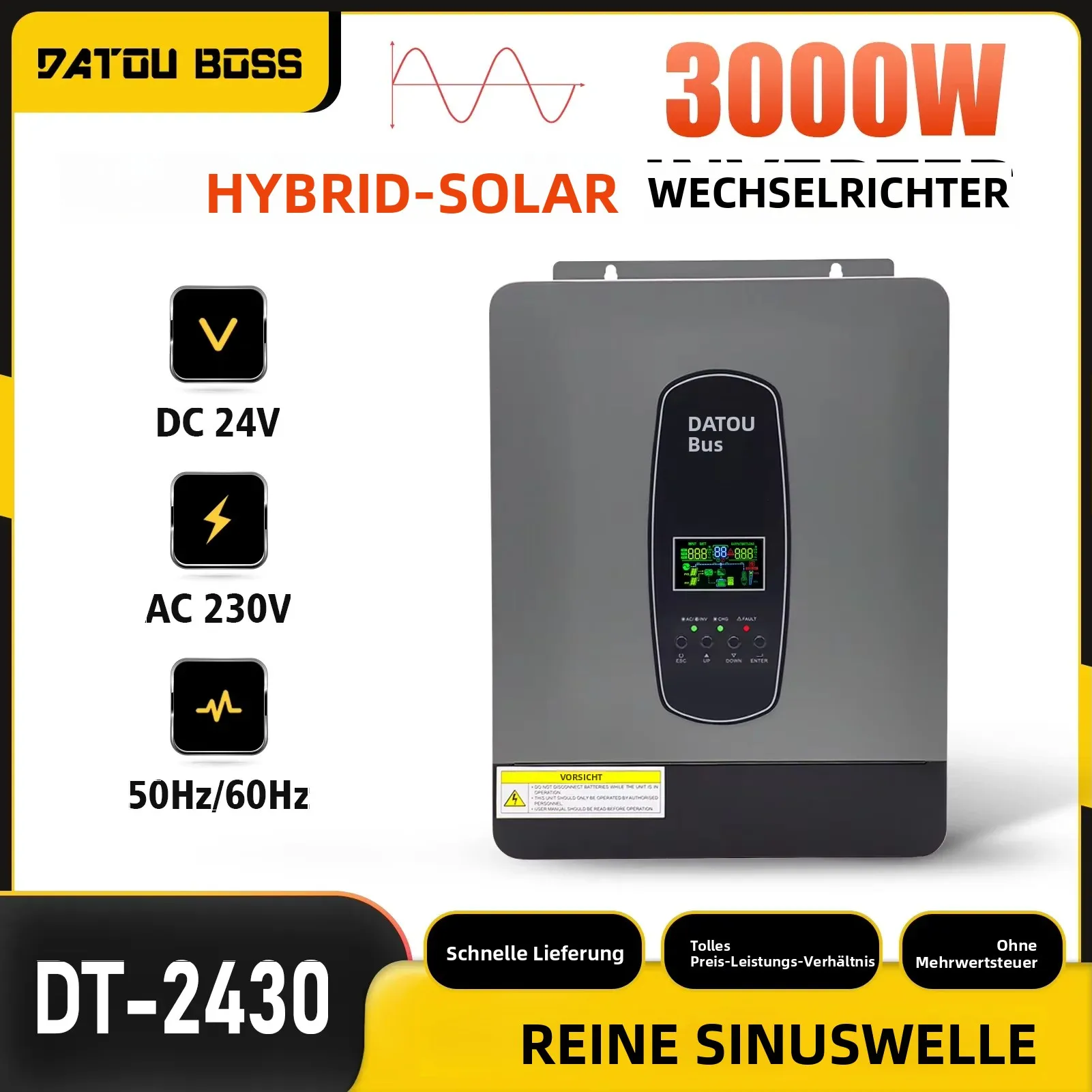 DATOUBOSS 3000W Solar-Wechselrichter DC24V zu AC220V Reine Sinuswelle Eingebauter MPPT-Solarladeregler Off-Grid-Wechselrichter für Heimsolarsysteme Wohnmobil-Notstromversorgung