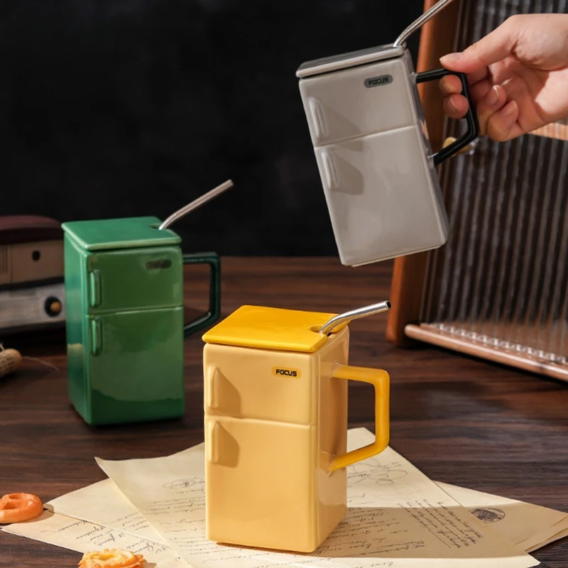 

Creative Retro Refrigerator Square Water Cup with Covered Stainless Straw Ceramic Cup Funny Office Couples Gift Coffee Mugs