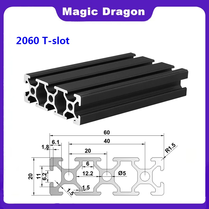 

1/4Pcs Black 2060 T-Slot European Standard Anodized Aluminum Profile Extrusion 100-1000mm Length Linear Rail for CNC 3D Printer