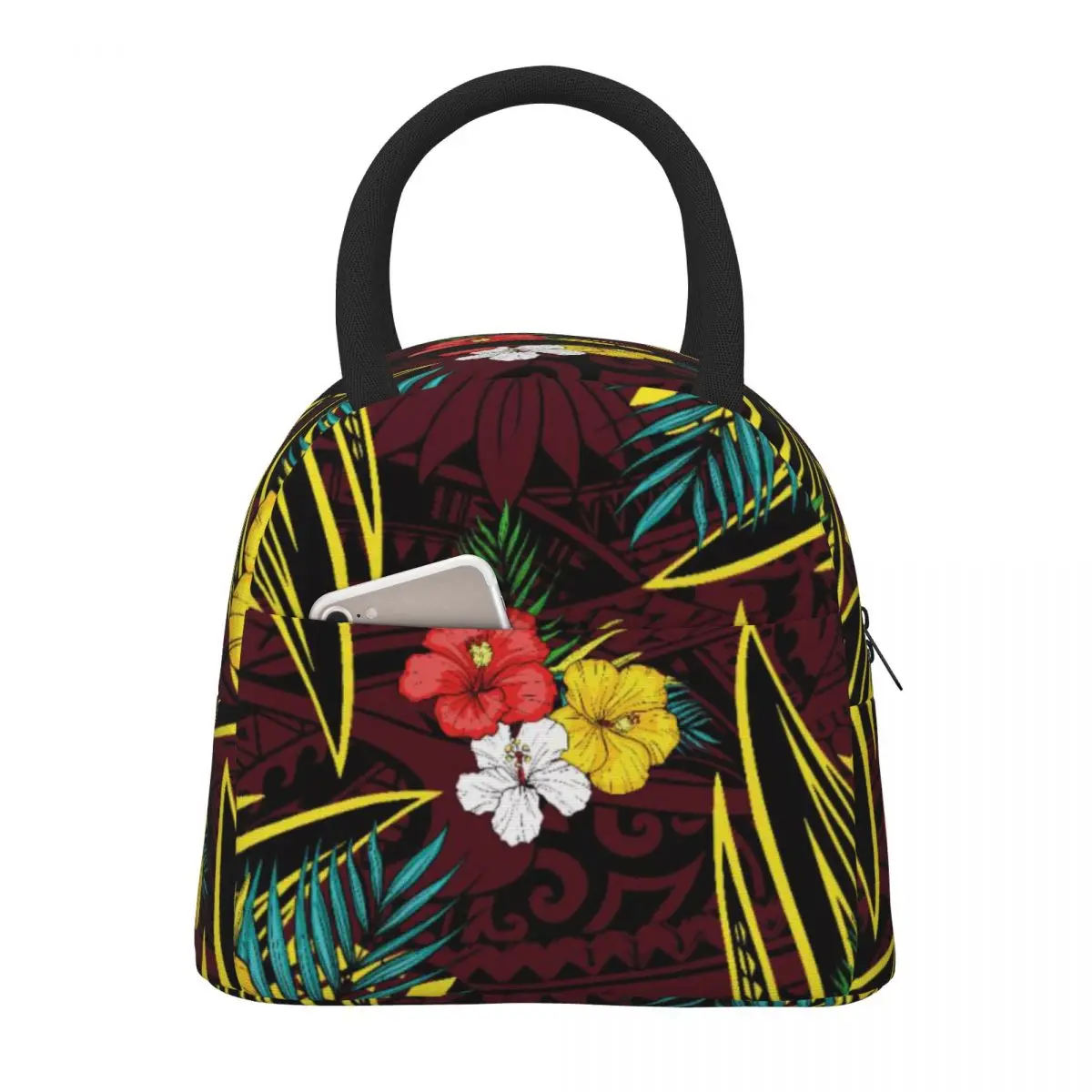 Hawaiian Hibiscus Plumeria Print Fresh Cooler Bag Thermal Portable Zipper Closed Oxford Lunch Bags For Women Tote Food Bags