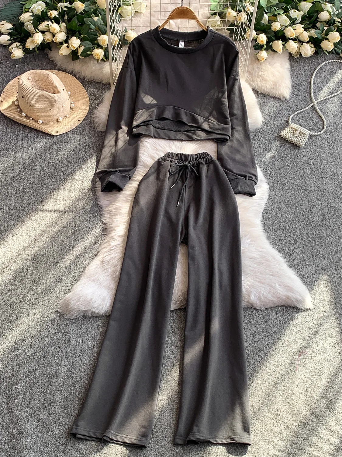 

Faionable mat Color ort Sve Top Women's Two-Piece Set High Waist Slimming Wide Leg Pants Autumn Wear