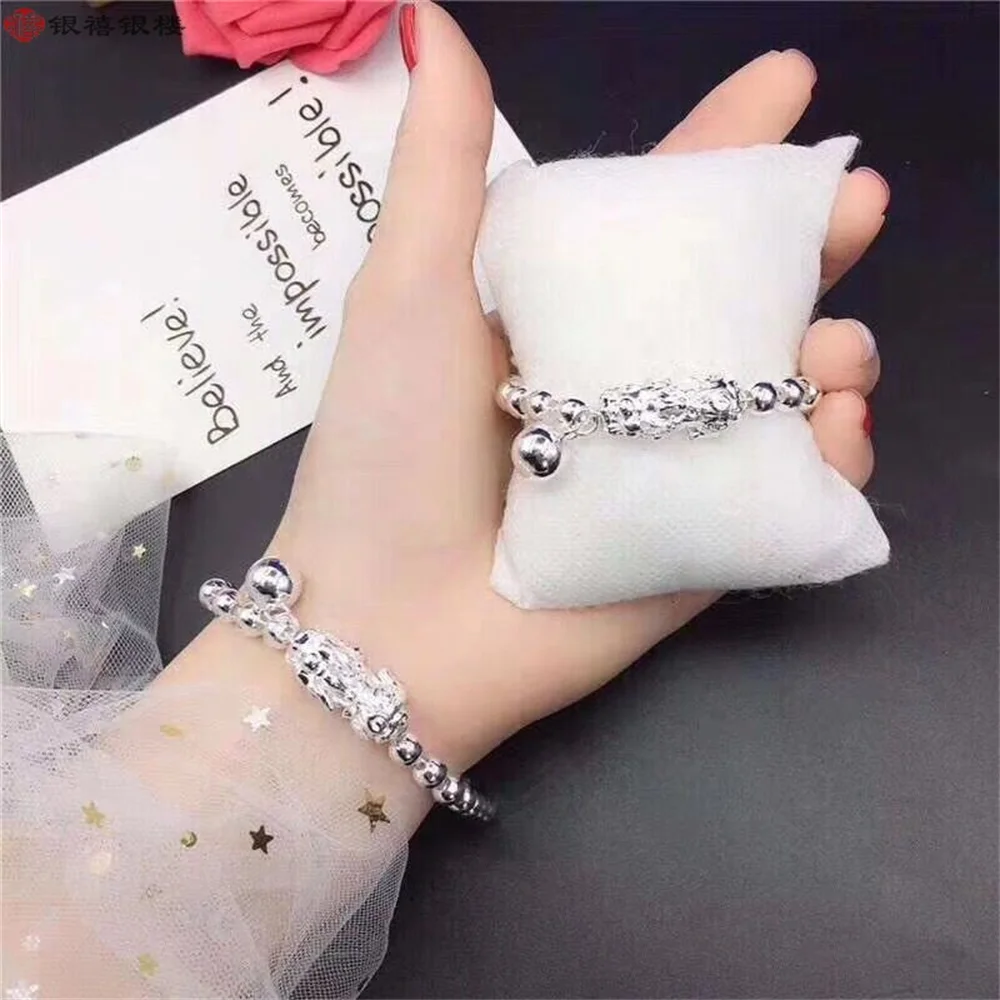 OUYADI Fashion 999 Sterling Silver Pixiu Beaded Bracelet, Adjustable Extension‑Chain For Daily Wear & Holiday Couple Gifting