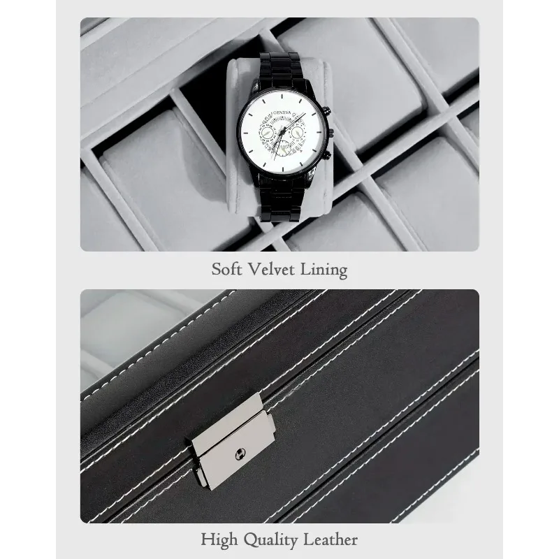 

12 Slot PU Leather Lockable Watch Storage Boxes, Men & Women's Jewelry Display Drawer Case, 2-tier Organizer Watch Showcase