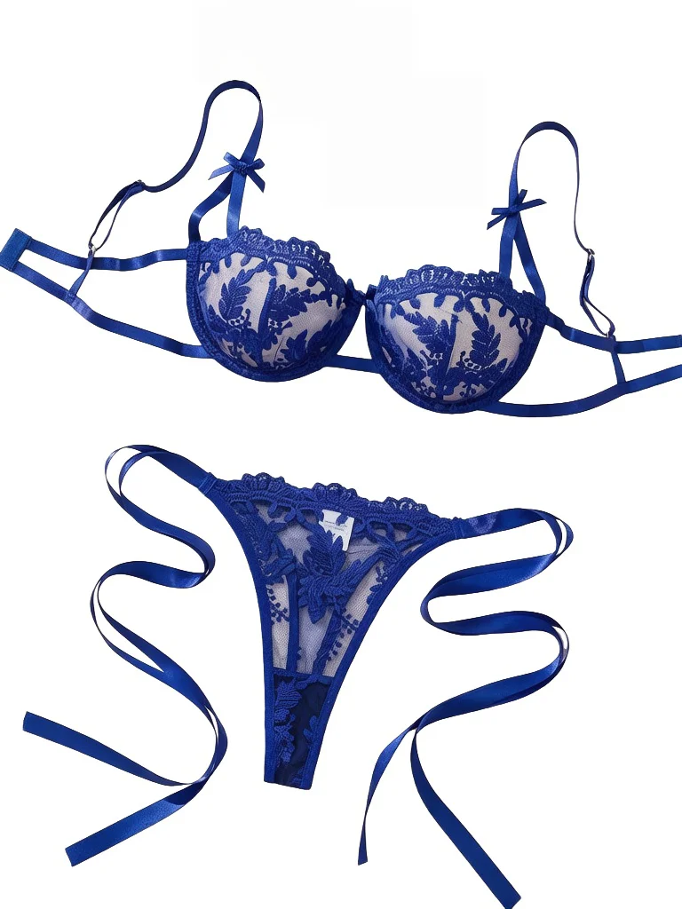 Lady Floral Stickerei Dessous Set Frauen Sheer BH und Slip Unterwäsche Set Satin Sexy Dessous Unterwäsche