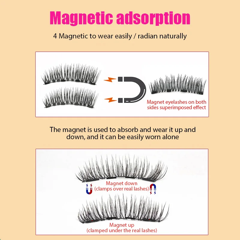 4 Magnets 3D Magnetic False Eyelashes Handmade Faux Cils Glue-free Magnetic Natural Mink Eyelashes with Tweezers