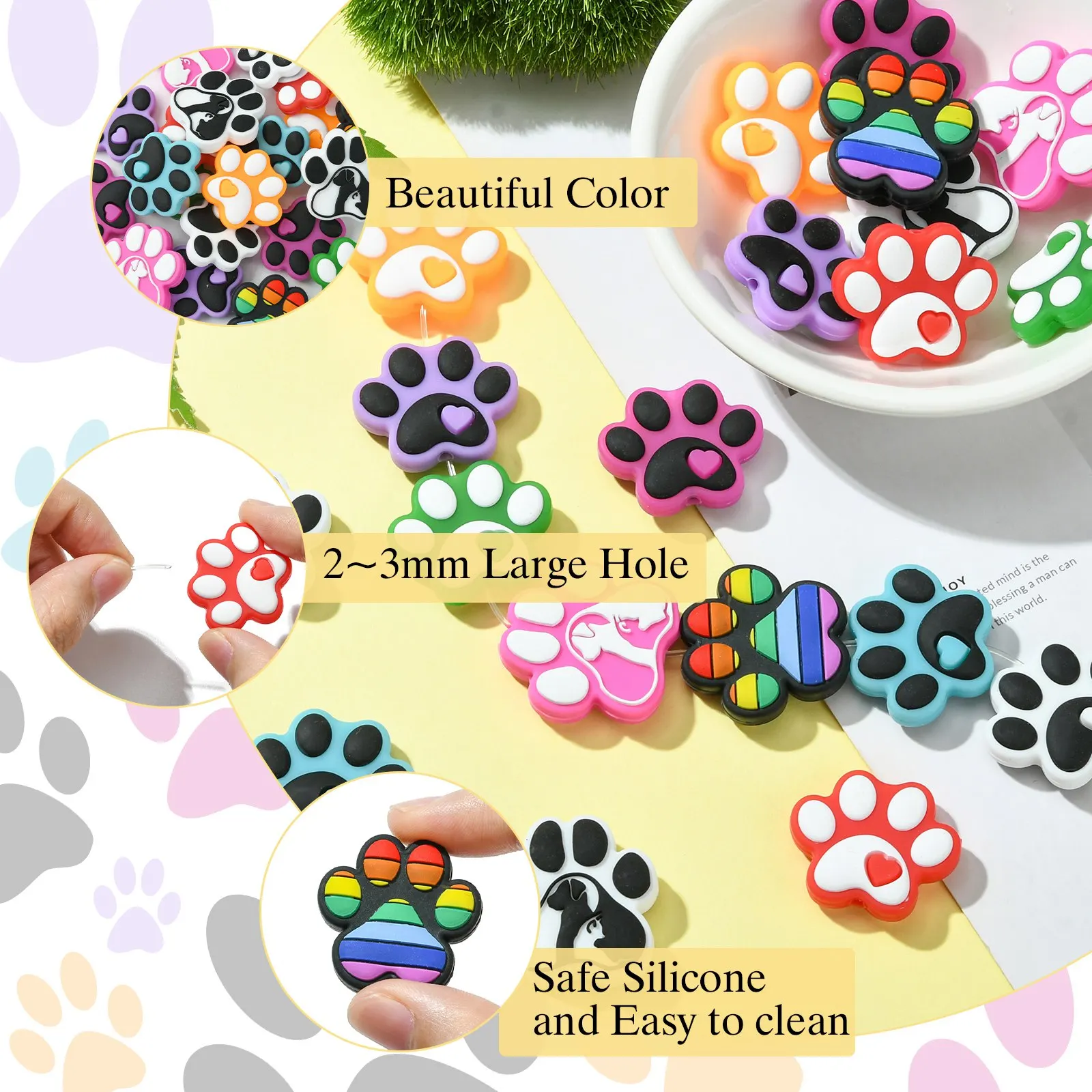 Pandahall 20Pcs Mixed Styles Silicone Animal Beads Colorful Dog Paw Bubblegum Beads Soft Pet Foot Print Beads for Jewelry Making