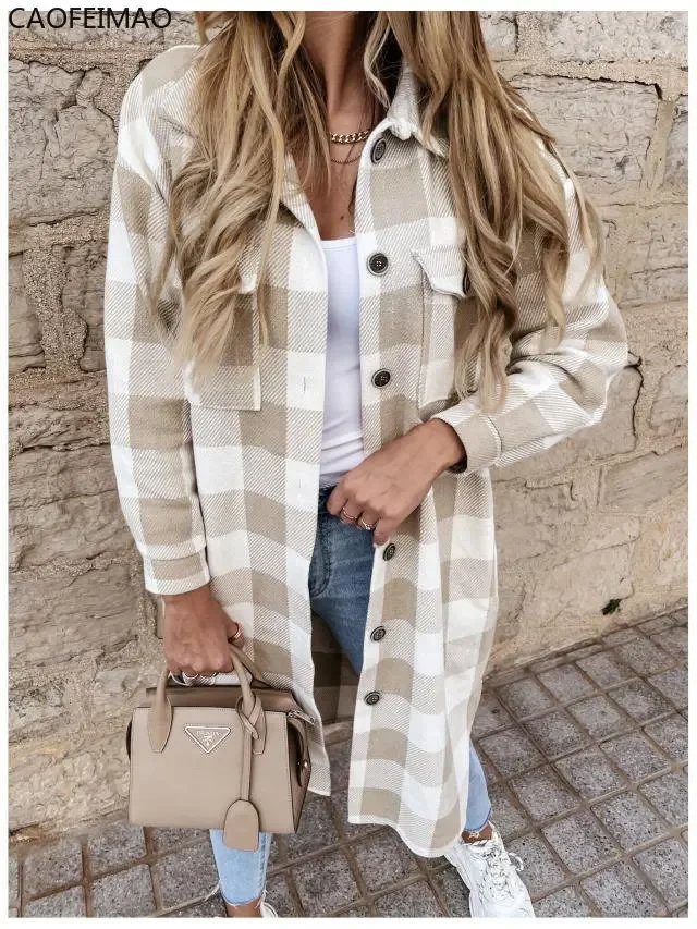 

2025 Single Breasted Trench Coat Fashion Long Autumn Winter Women's Clothing Long Sleeve Woolen Plaid Overcoat Coat