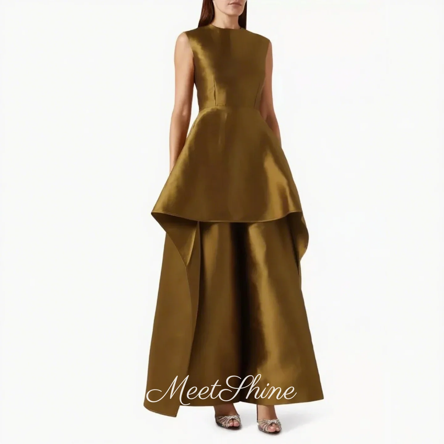 

Gold O-Neck SatinEvening Dresses A-line Pleated Sleeveless Prom Dress High Quality Formal Party Dresses Wedding Dress Customized