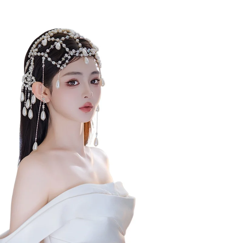 Korean elegant light luxury exotic style high sense water drop fringed pearl headdress bridal stage accessories