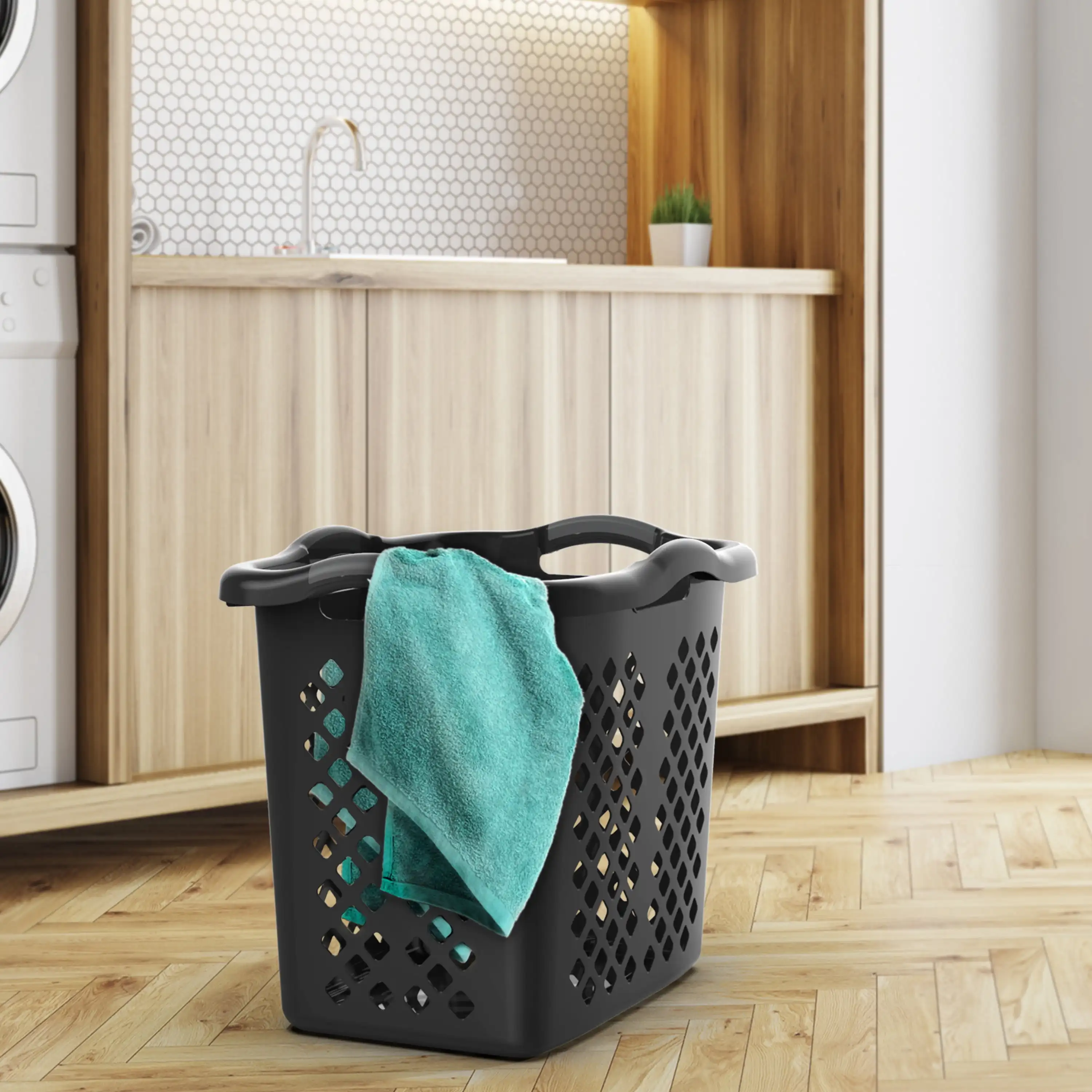 2 Bushel Lamper Plastic Laundry Basket with Silver Handles, Black, 2 Pack