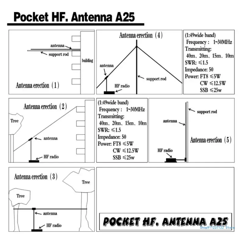 Pocket Antenna A25 Pocket Shortwave Antenna Inverted V Horizontal Balun Long Line Durable 1-30MHz Antenna