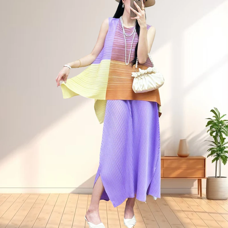 

Miyake Summer Large Size Splicing Sleeveless Undershirt Top Purple Petal Skirt Large Size Stretchy Pleated Suit Japanese Korean