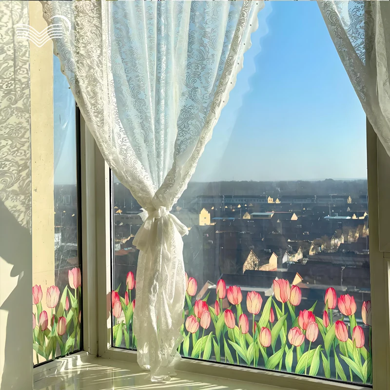 Watercolor Pink Tulip Static Cling Window Film Anti-peep PVC Glass StickerPrivacy Decor Decal For Bathroom Toilet Window&Door