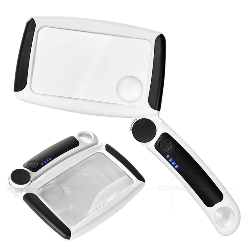 Handheld Rechargeable Magnifier Folding Magnifying Glass with Three Levels of Brightness and 20 Led Lights, 5X and 20X Loupe