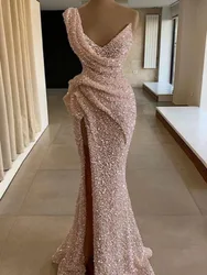 Customized Customized Muslim Pink Sequined Evening Dress Sleeveless One-Shoulder Women V-Neck Pleat Maxi Prom Gown Side Split Ve