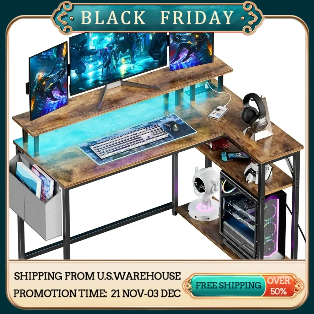 Computer Desk With Long Monitor Stand 47 Inch Desk With Power Socket and LED Light Room Desks Gaming Furniture Office TV Table