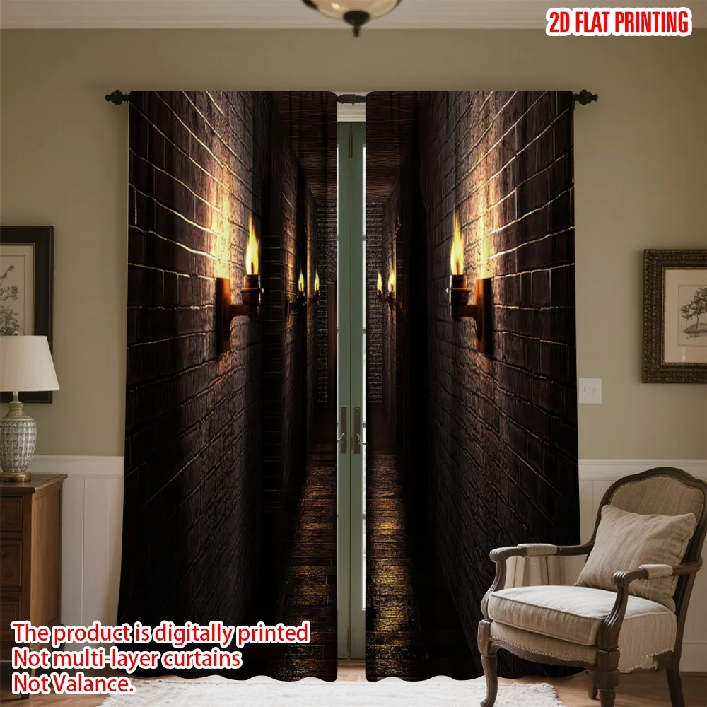 

2D flat printing 2pcs Window Curtains Dimly Lit Stone Hallway Digital Printed Polyester Drapes Birthday Party for living room