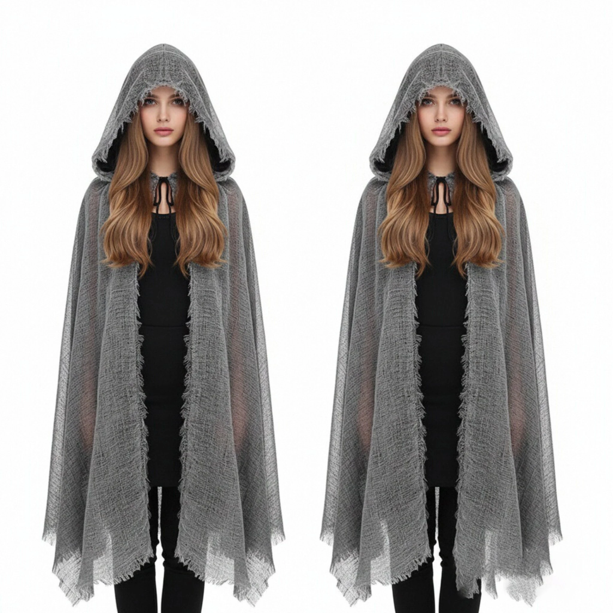 Distressed Ragged Hooded Full Length Cape Grey Rough Texture Tattered Cloak Adult Halloween Horror Ghost Medieval Wizard Role